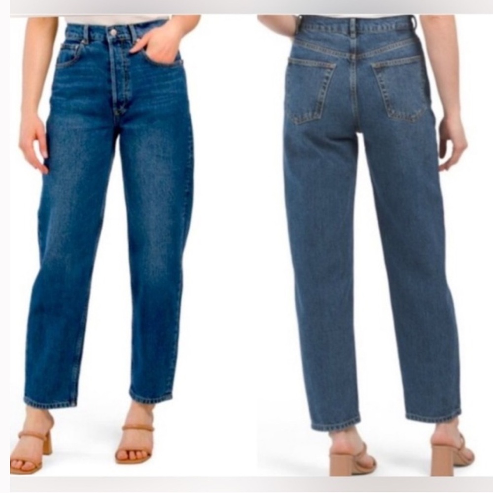 NEW TRIARCHY mom high rise button relaxed leg blue denim jeans in size 28
